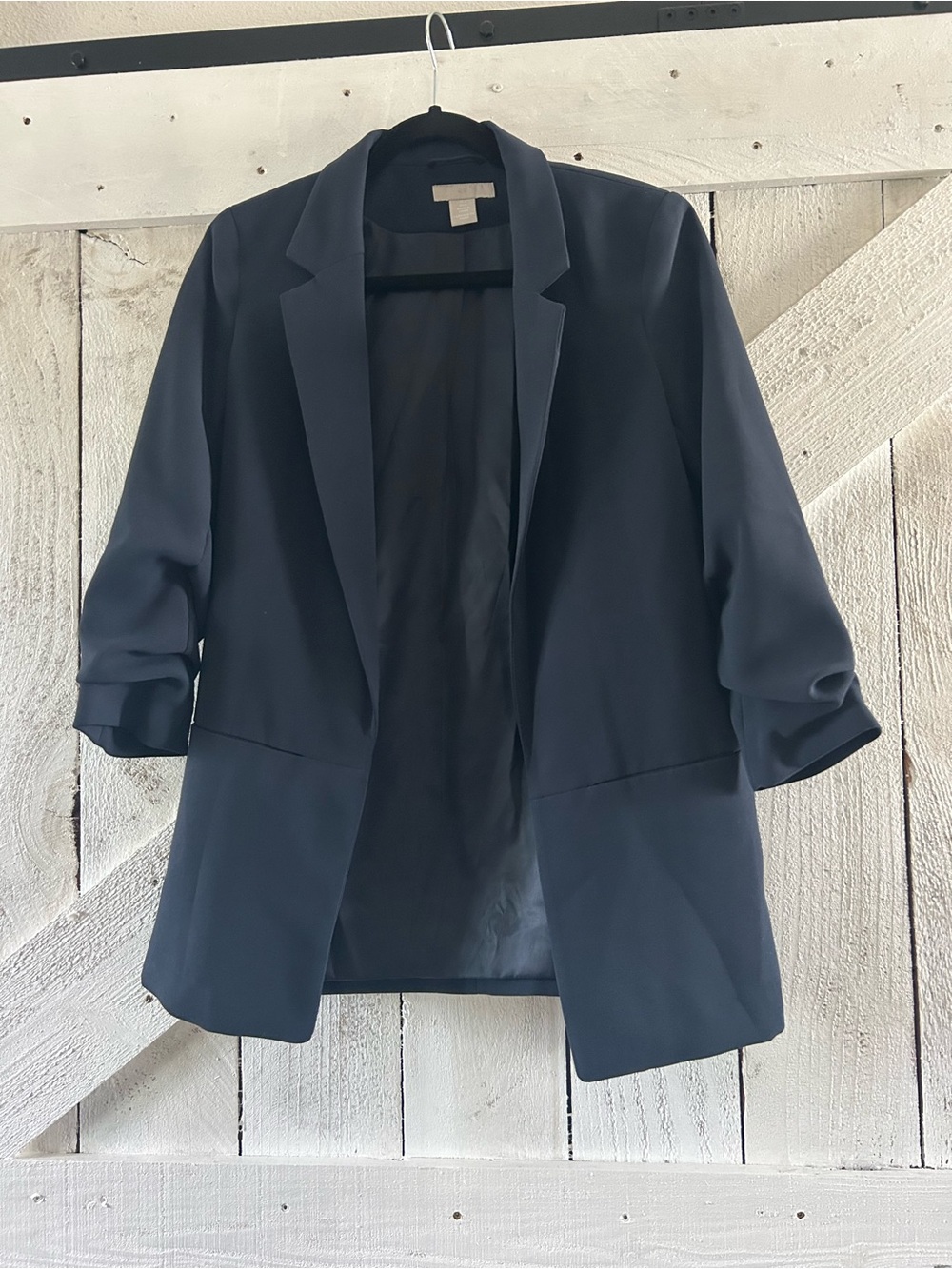H&M Navy Open-Front Blazer with Rolled Three-Quarter Sleeves
